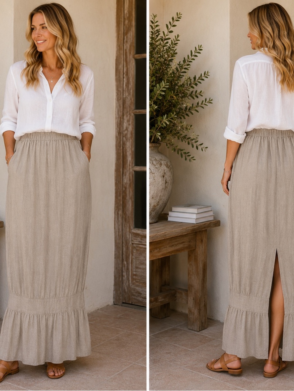 Neutral Beige Maxi Skirt with Ruffle Hem and Side Slit